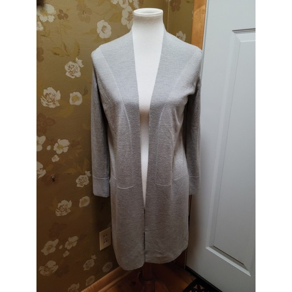Talbots‎ Women's Cardigan XS Gray Neutral Merino Wool Long Open Front Side Slits - Picture 1 of 5